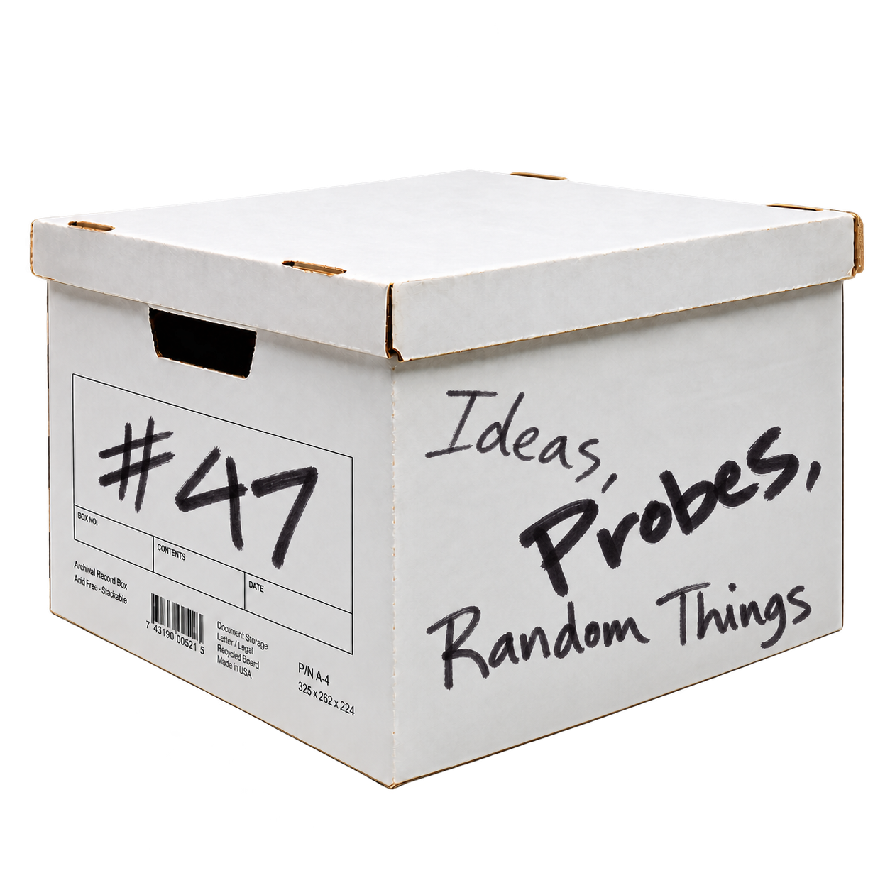 White archive box handwritten Ideas, Probes, Random Things, number 47